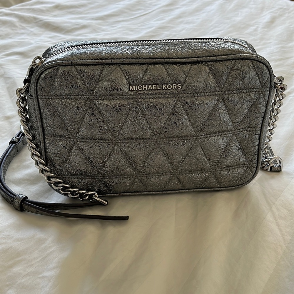 Michael Kors “Ginny” metallic leather crossbody in pewter